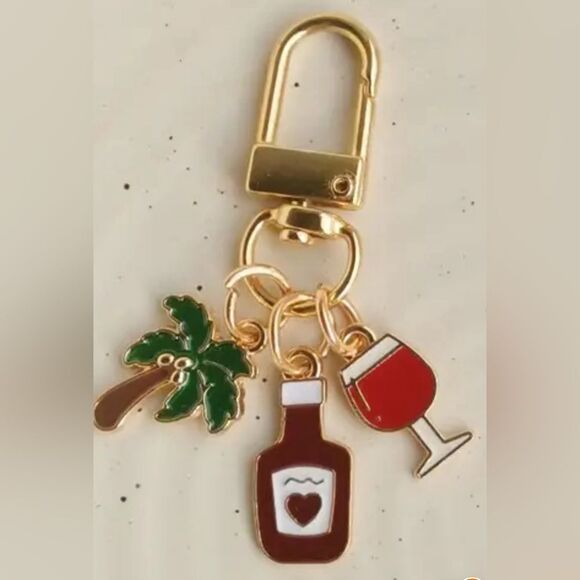 BAG CHARM A Bottle, A Glass of Wine Palm tree Keychain - Picture 3 of 5